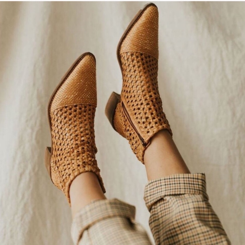 Free People Boho Woven Leather Ankle Boots Women 37 Tan Pointed Toe Block Heel